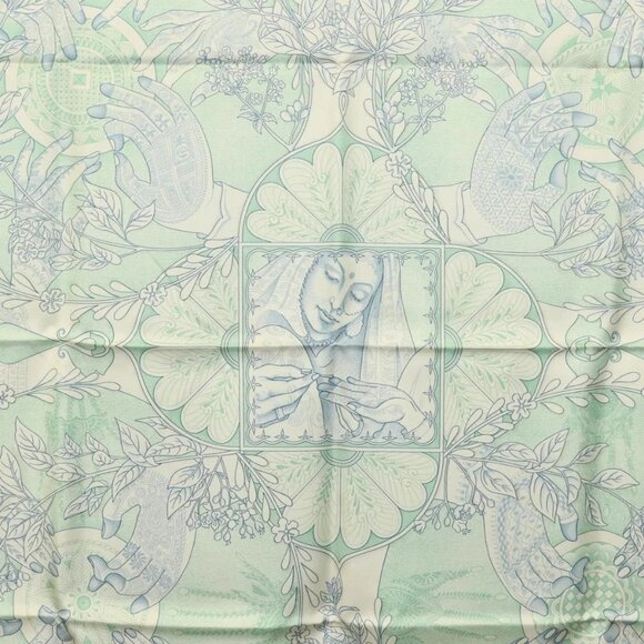 HERMES Carre 90 Scarf ""Les chants du Henne"" Silk Peppermint Auth am8731 - Picture 10 of 15